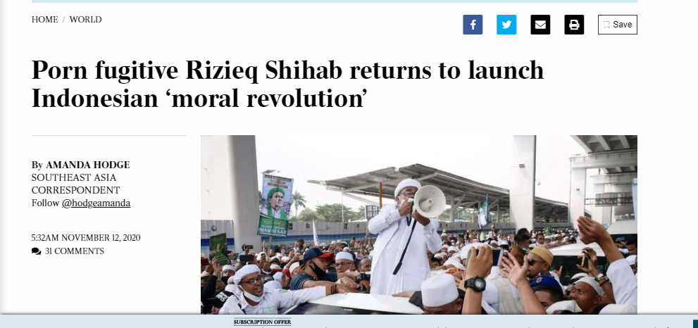 Habib Rizieq mendapat sorotan jelek dalam media Australia.