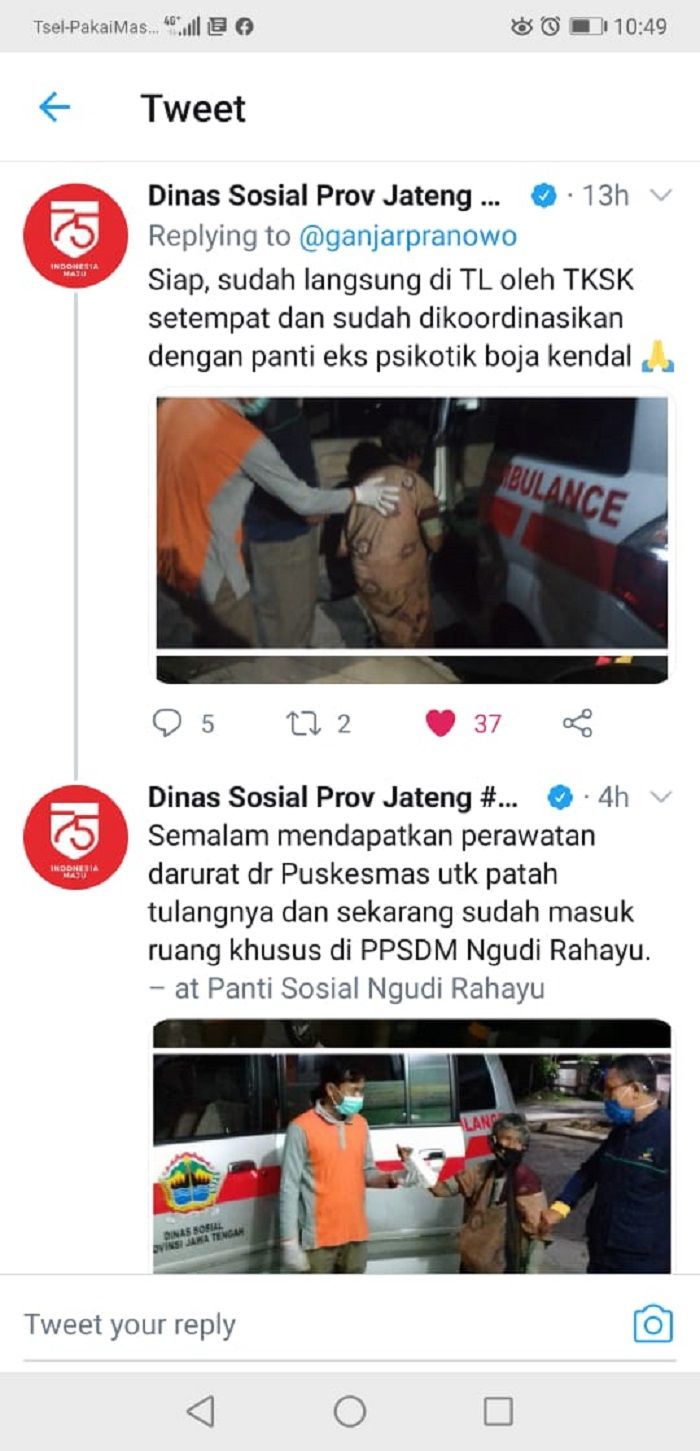 Laporan netizen ke akun Ganjar Pranowo langsung ditindaklanjuti Dinsos Provinsi Jateng