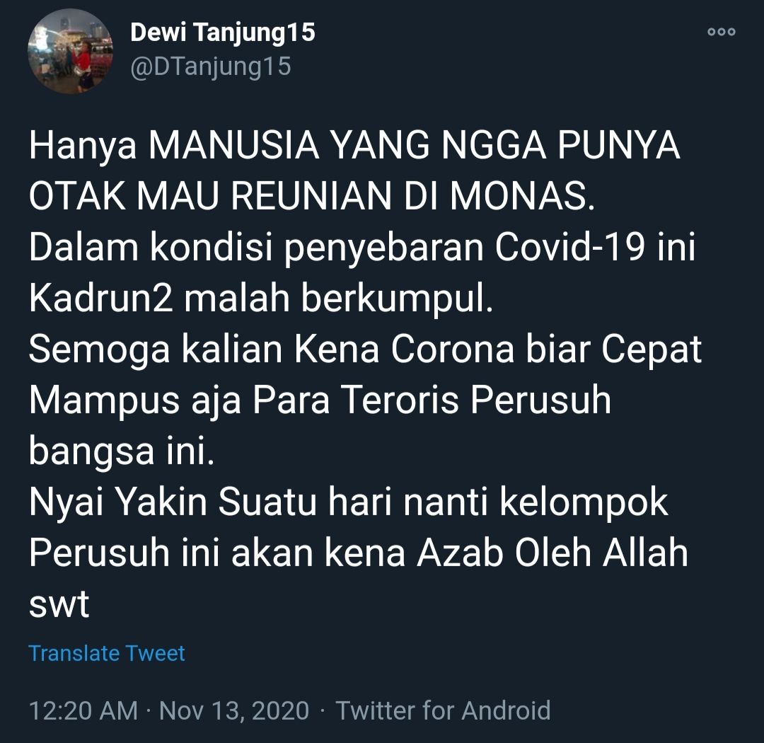 Kicauan Dewi Tanjung di akun twitter pribadinya @DTanjung15