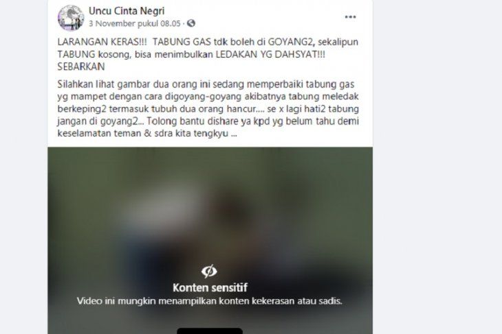 Tangkapan layar hoaks yang menyatakan menggoyang tabung gas bisa timbulkan ledakan (Facebook)