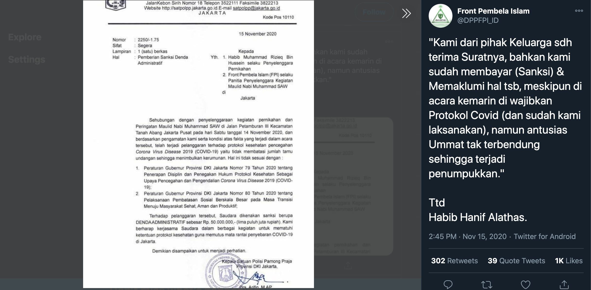 Postingan akun FPI, berisi pernyataan dari Habib Hanif Alatas yang sudah menerima sanksi dari Satpol PP DKI Jakarta. (Twitter/@DPPFPI_ID)