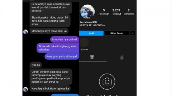 Pemilik akun @SekteSeblak tersebut mengunggah tangkapan layar percakapannya melalui akun Instagram pribadinya dengan admin yang mengaku sebagai pihak rekrutmen KAI/Twitter/@sekteseblak