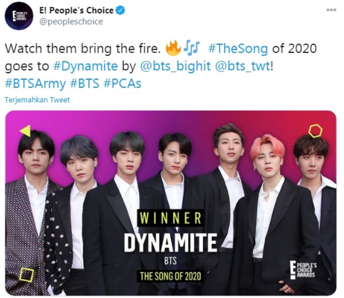 BTS berhasil menangkan kategori The Song of 2020 untuk lagu Dynamite.*