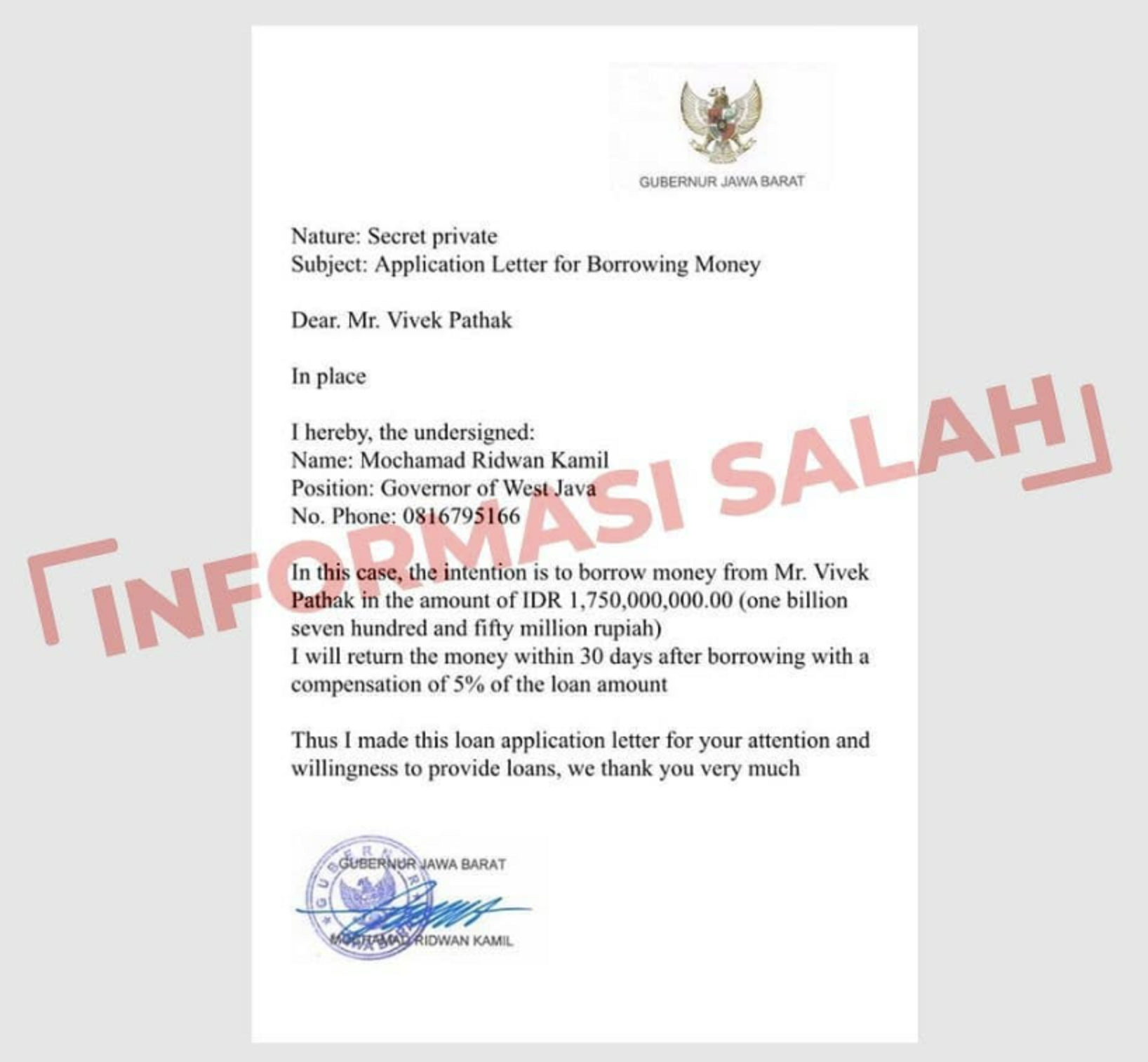 Gambar tangkap layar surat pengajuan pinjaman Gubernur Jawa Barat Ridwan Kamil ke Bank Dunia yang beredar di medsos.