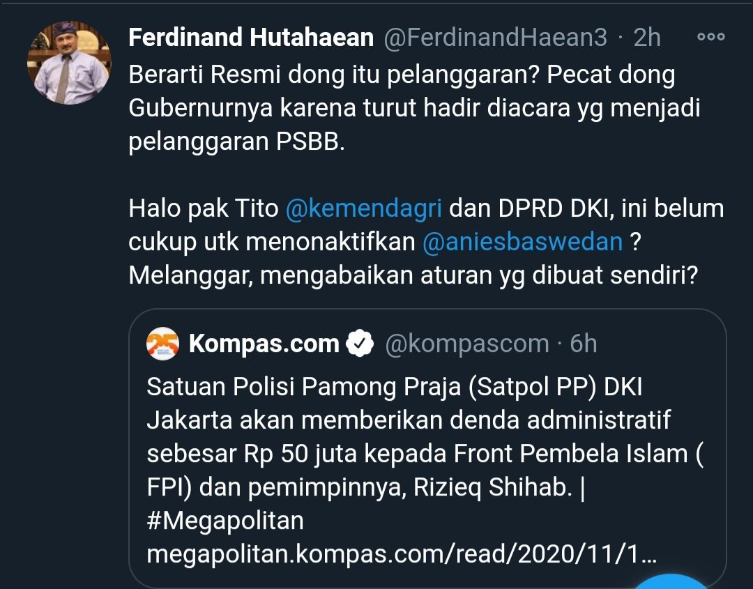 Tangkapan Layar Cuitan Ferdinan Hutahaean