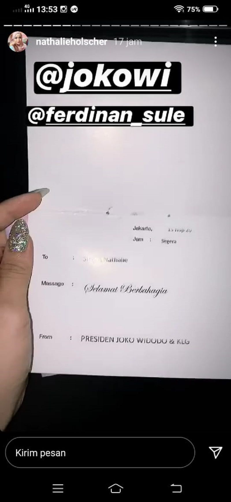 tangkapan layar kartu ucapan dari Presiden Jokowi untuk pernikahan Sule dan isteri