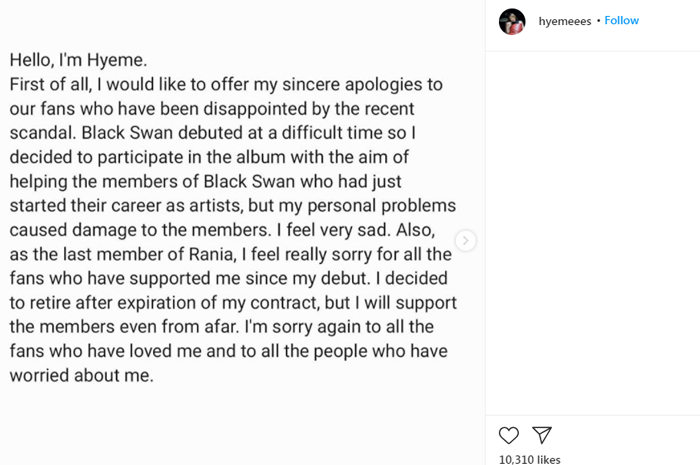 Unggahan Hyeme di Instagramnya.*