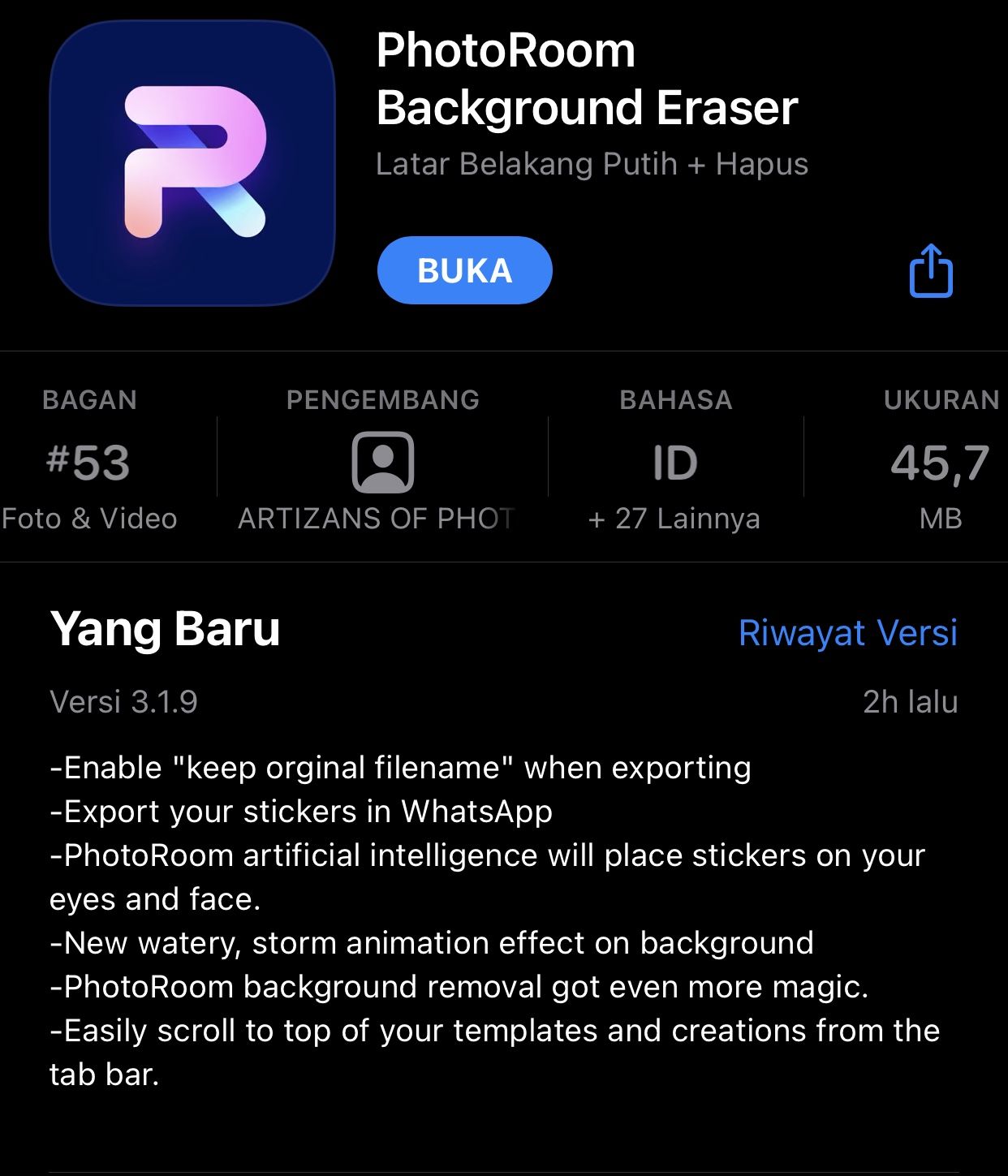 Tangkapan layar aplikasi Photoroom Background Eraser di App Store*/