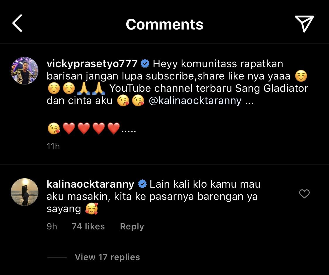 Komentar kalina Ocktaranny pada unggahan Vicky Prasetyo.