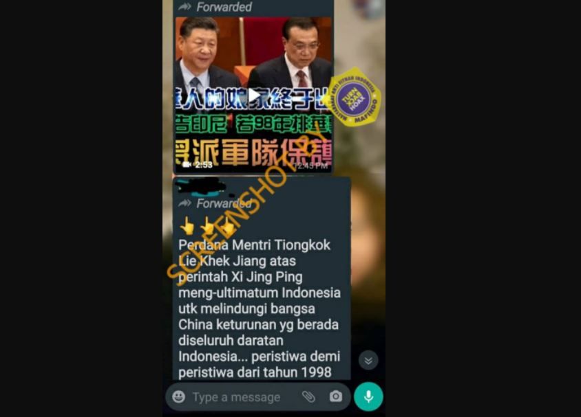 Tangkapan layar yang menunjukan video dan narasi ultimatum China ke Indonesia