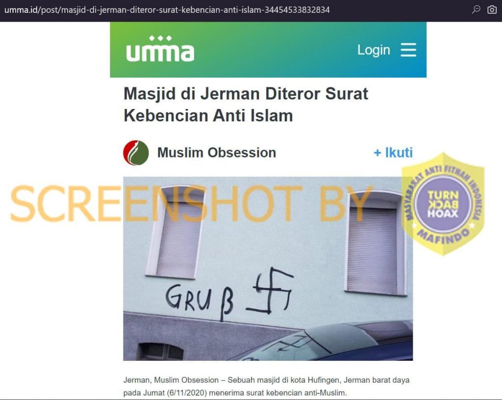 Unggahan dari UMMA yang berjudul Masjid di Jerman Diteror Surat Kebencian Anti Islam