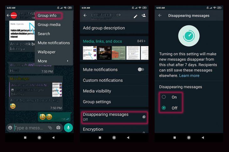Langkah mengaktifkan fitur Disappearing messages di Grup WhatsApp. 