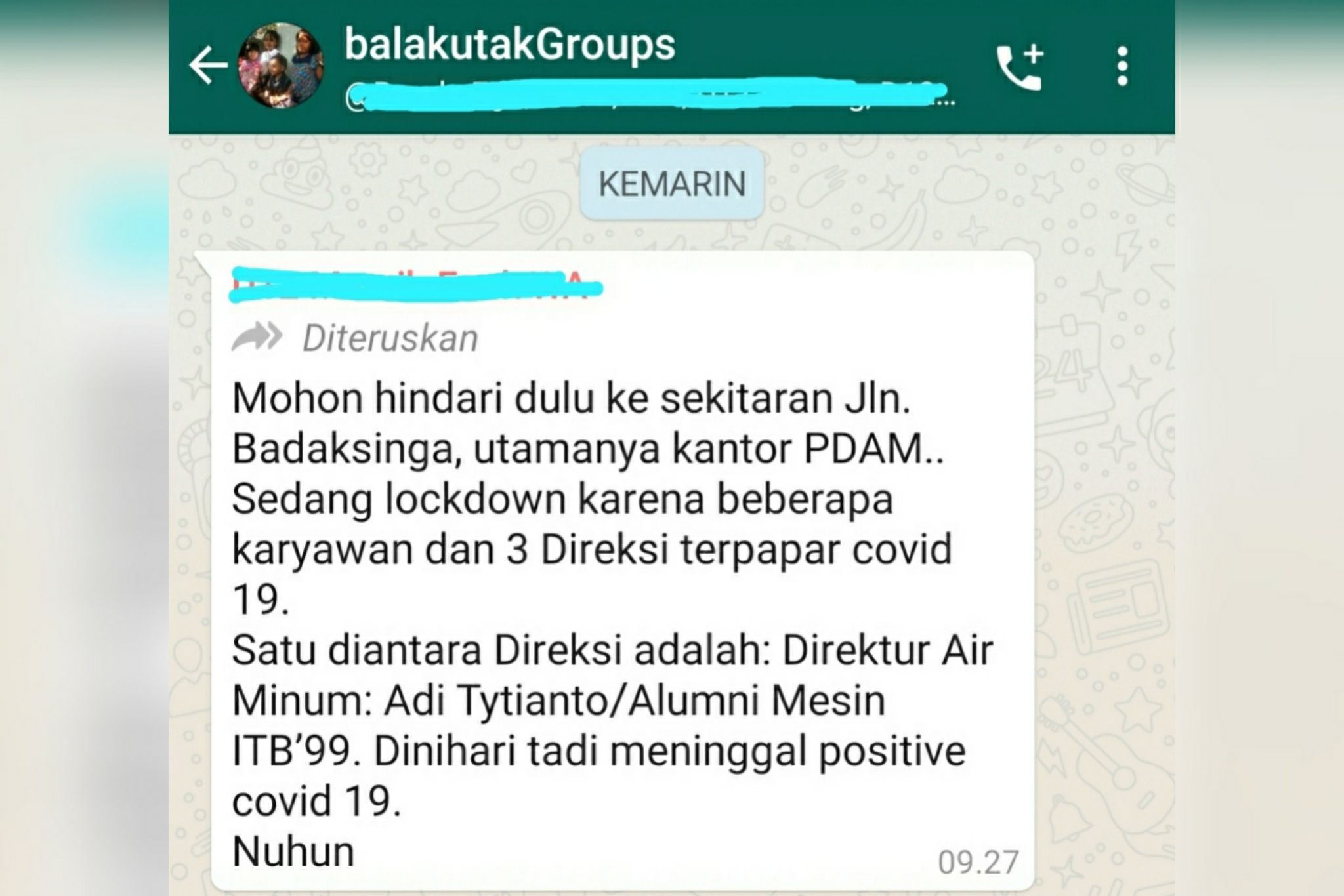 Tangkapan layar salah satu pesan lewat WhatsApp Group yang berisi informasi hoaks terkait PDAM Tirtawening Kota Bandung.