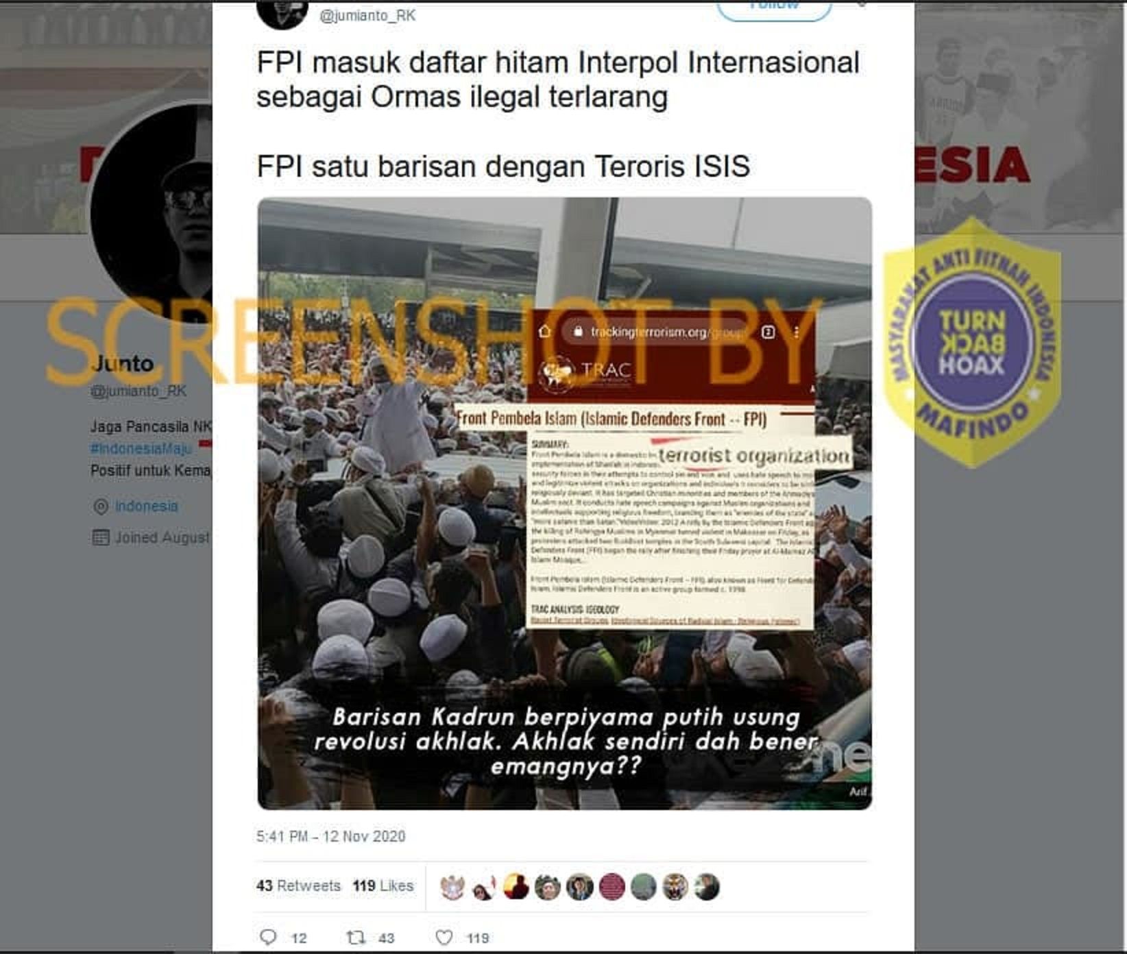 Tangkap layar akun Twitter yang mengklaim bahwa FPI masuk daftar hitam Interpol sebagai ormas ilegal dan terlarang.