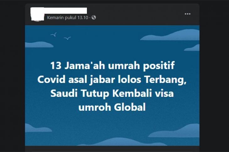 Screen shot postingan di Facebook terkait Saudi Tutup Kembali visa umroh Global