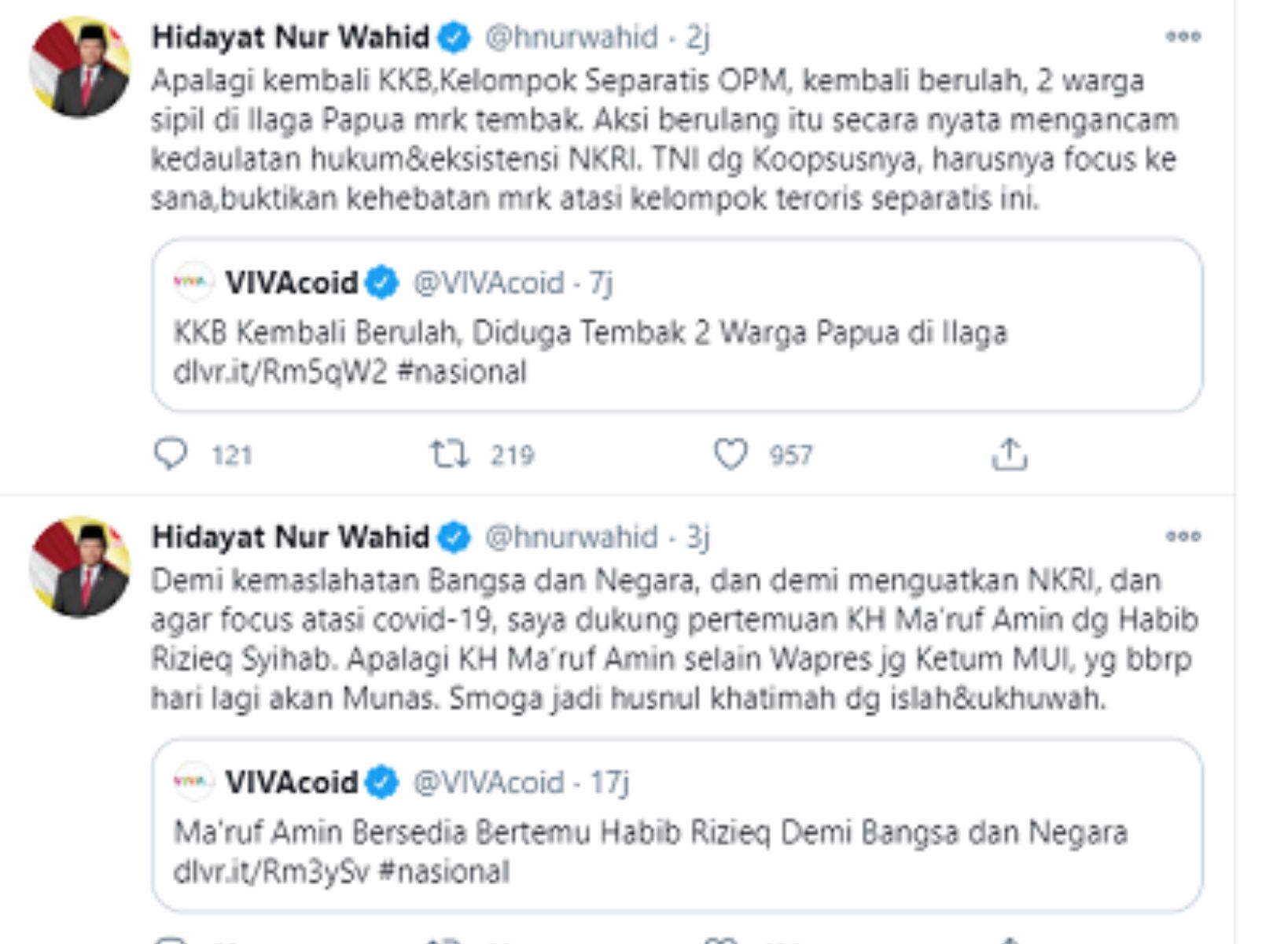 Cuitan Hidayah Nur Wahid di akun twitternya.