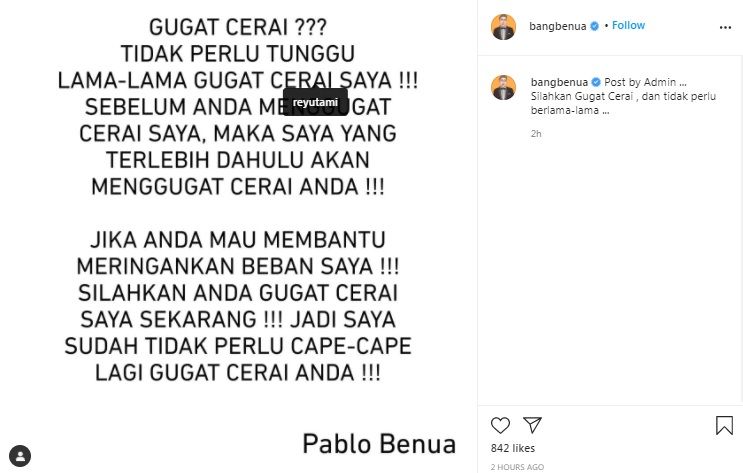 Pesan Pablo Benua untuk Rey Utami dari dalam penjara.