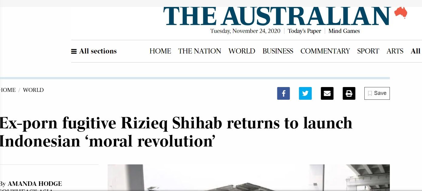 Tangkapan layar judul di media online The Australian soal Habib Rizieq Shihab pulang ke Indonesia untuk tegakkan revolusi moral 