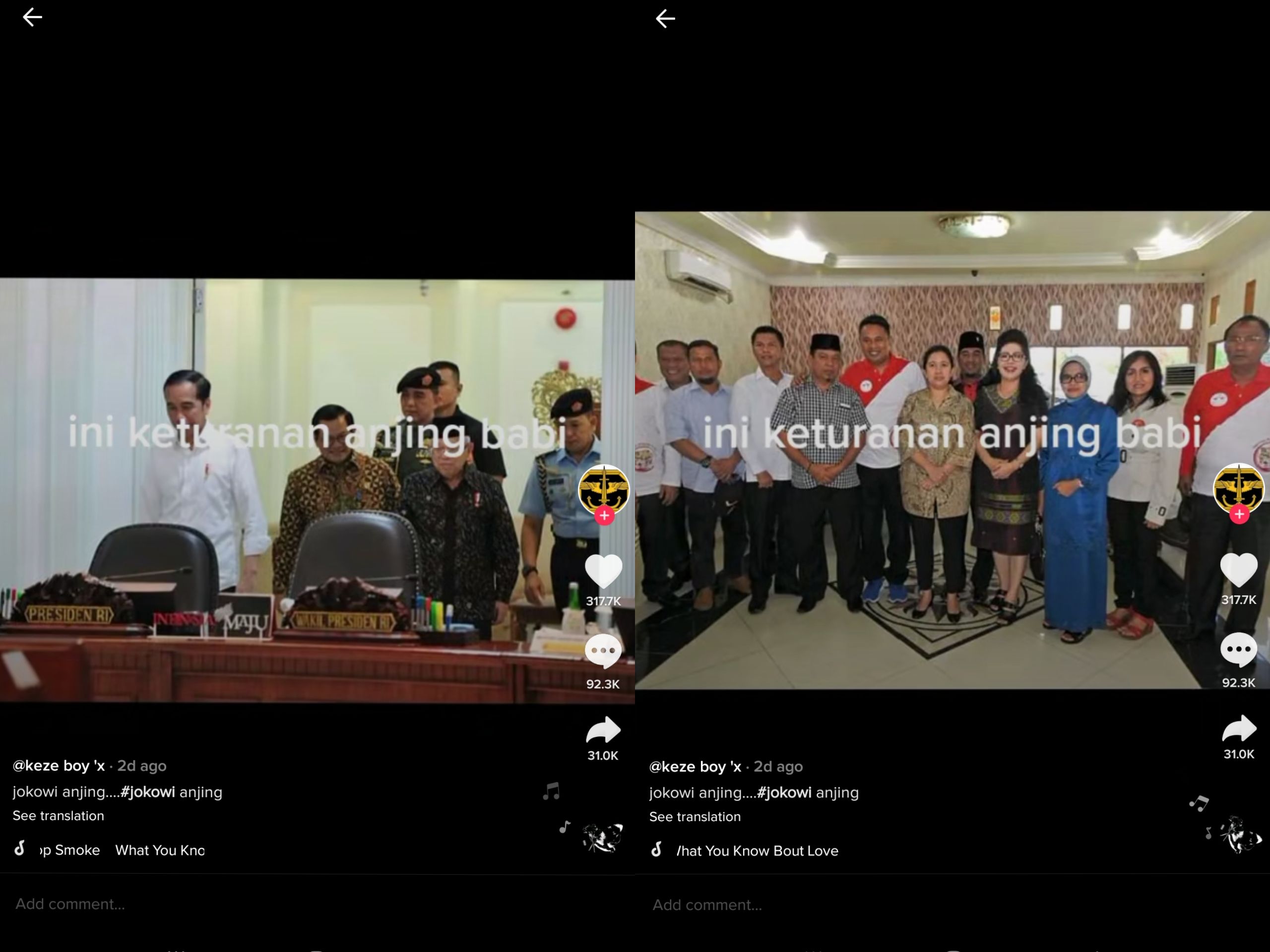 Kolase tangkapan layar foto memuat presiden Jokowi dan Puan Maharani disebut keturunan binatang