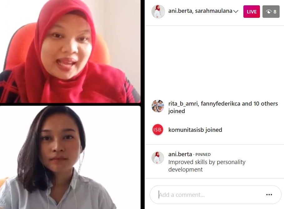 Tangkapan layar Live Instagram “Me & Inspiring One’s – Episode 15” - “Improve Your Skill by Personality Development” bersama Anita Berta dan Farrah Maulana