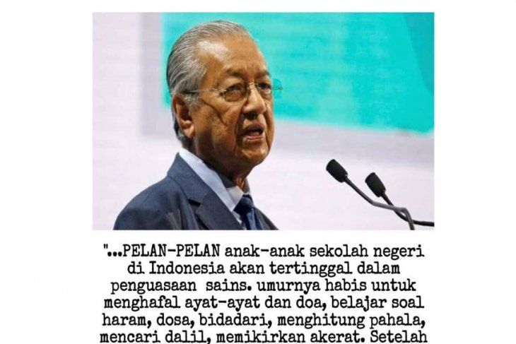    Tangkapan layar unggahan hoaks tentang Mahathir Mohamaad yang mengatakan pendidikan di Indonesia terlalu banyak pelajaran agama. 