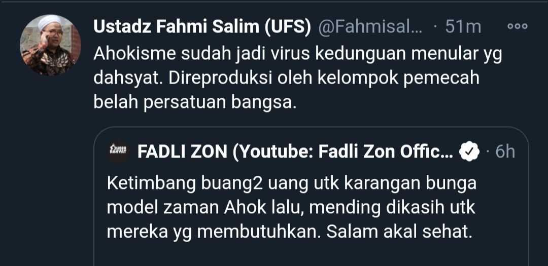 capture cuitan Ustadz Fahmi Salim merespon cuitan Fadli Zon