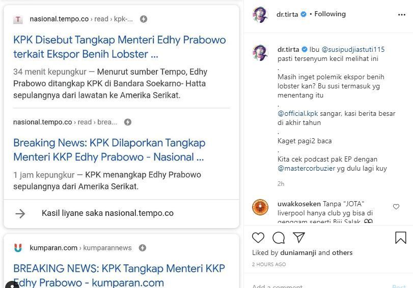 Dokter Tirta menyinggung Susi Pudjiastuti hingga polemik ekspor benih lobster saat Menteri Kelautan dan Perikanan Edhy Prabowo ditangkap tim KPK. 