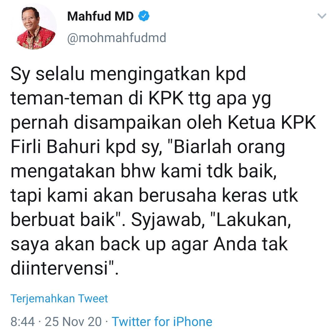 Cuitan Menteri Koordinator bidang Politik, Hukum dan Keamanan (Menko Polhukam) Mahfud MD pada akun resminya di laman Twitter. Rabu, 25 November 2020.