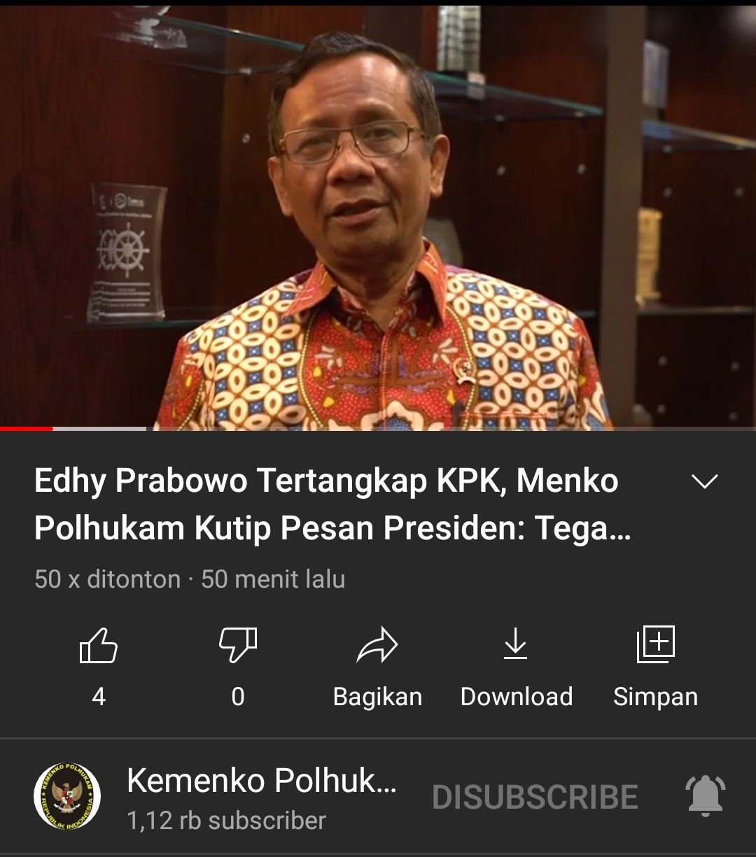 Tangkapan layar pertanyaan Menko Polhukam Mahfud MD terkait penangkapan Menteri KKP Edhy Prabowo oleh KPK. 
