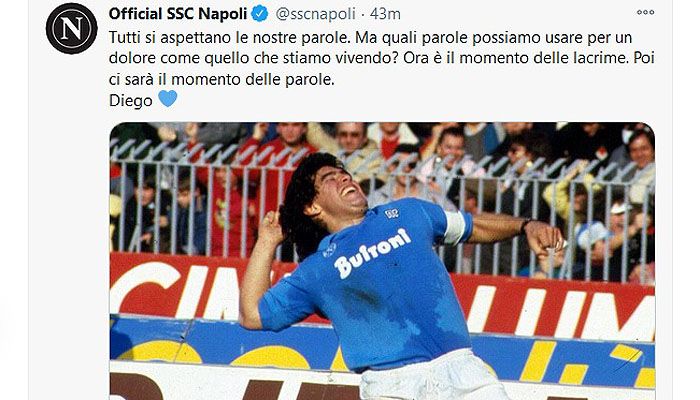 Capture / tangkapan layar cuitan akun Twitter Napoli yang cukup menyentuh jiwa sebagai bentuk duka mendalam atas meninggalnya Diego Maradona.