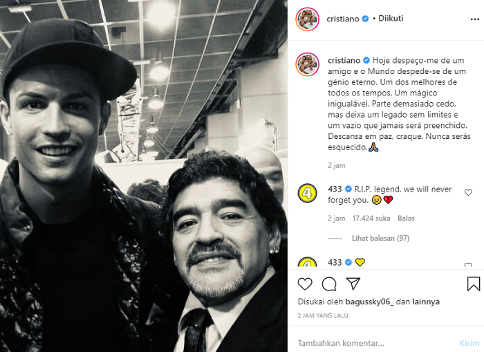 Ungkapan belasungkawa Ronaldo terhadap kabar meninggalnya Maradona