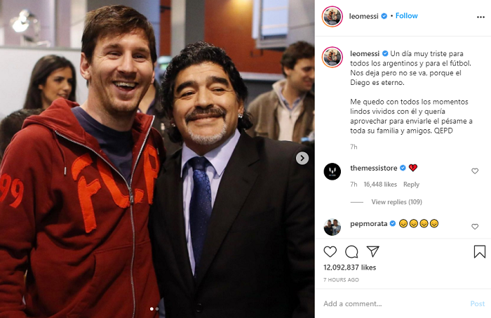 Postingan Lionel Messi terkait kepergian Maradona.*