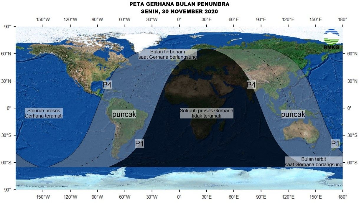 Peta Gerhana Bulan Penumbra 30 November  2020 untuk Pengamat pada Lintang 65  LU s.d. 65   LS