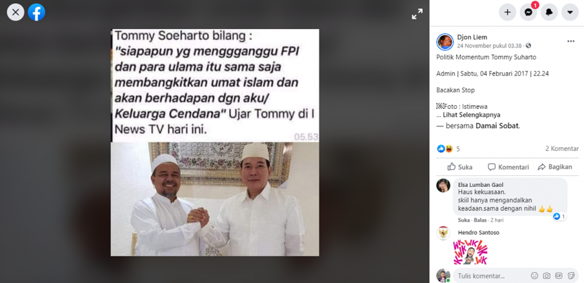 Gambar tangkap layar postingan akun facebook yang menyatakan bahwa siapapu yang mengganggu FPI akan berhadapan dengan keluarga cendana.