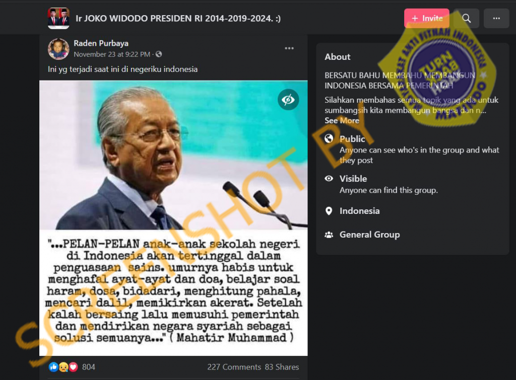 Informasi salah yang menyebut Perdana Menteri Malaysia membuat pernyataan pelajar di Indonesia akan tertinggal dalam penguasaan sains akibat terlalu banyak mempelajari agama.