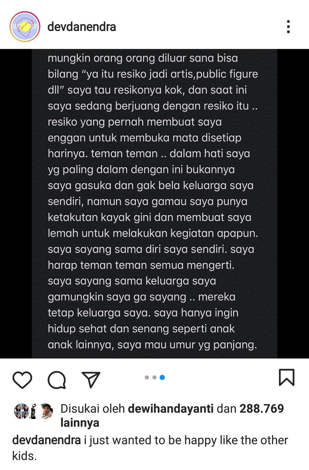Tangkapan layar unggahan Devano Danendra di Instagram 