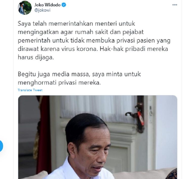 Tangkapan layar cuitan Presiden Jokowi 3 Maret 2020