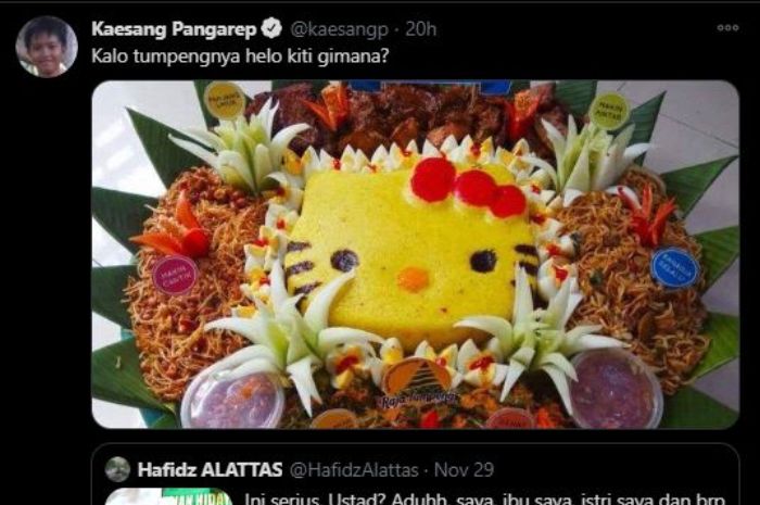 Putra Presiden Joko Widodo, Kaesang Pangarep, mengomentari ceramah soal tumpeng yang viral dengan membagikan potret tumpeng berbentuk Hello Kitty.