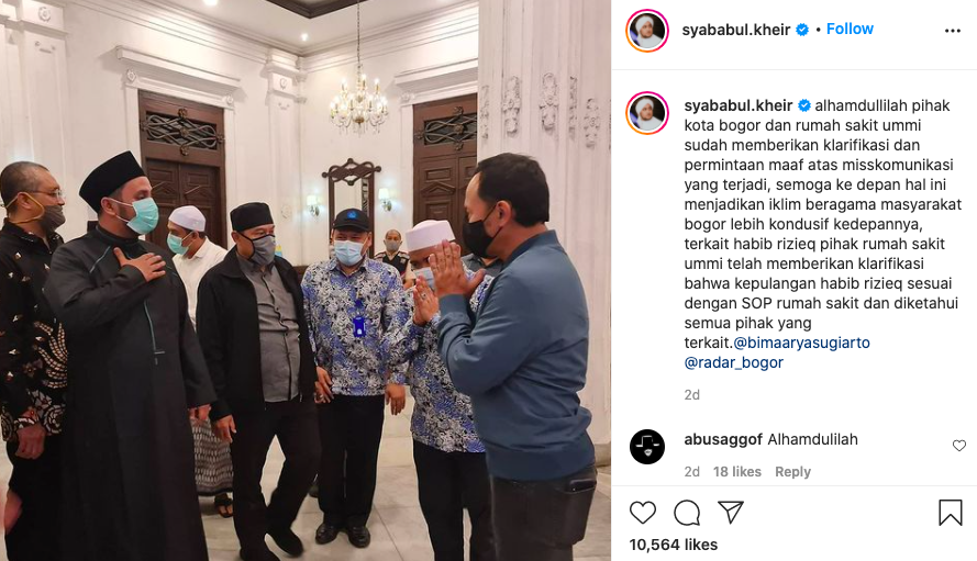 Tangkapan layar Wali Kota Bogor Bima Arya menerima rombongan Majelis Syababul Kheir Bogor pimpinan Habib Mahdi Assegaf.*