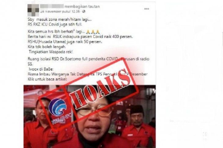 Tangkapan layar hoaks yang mengklaim bahwa Wali Kota Surabaya, Tri Rismaharini (bu Risma) himbau warganya tidak datang ke TPS.