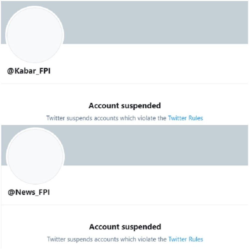 DUA akun Twitter milik Front Pembela Islam (FPI) yang terkena suspend.*