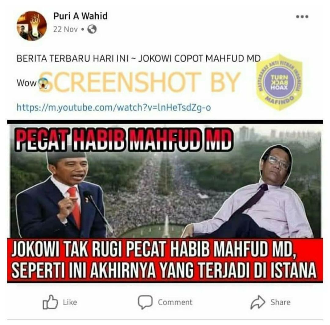 Informasi yang salah mengenai klaim Presiden Jokowi memecat Menteri Polhukam, Mahfud MD.