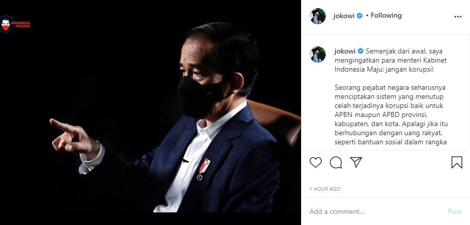 Unggahan Presiden Joko Widodo setelah penangkapan Menteri Sosial Juliari Peter Batubara oleh KPK.