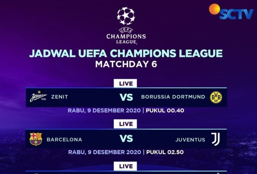Jadwal Bola Liga Champion Live SCTV Malam Ini ada Juventus, Barcelona,  Borussia Dortmund dan Zenit - Semarangku