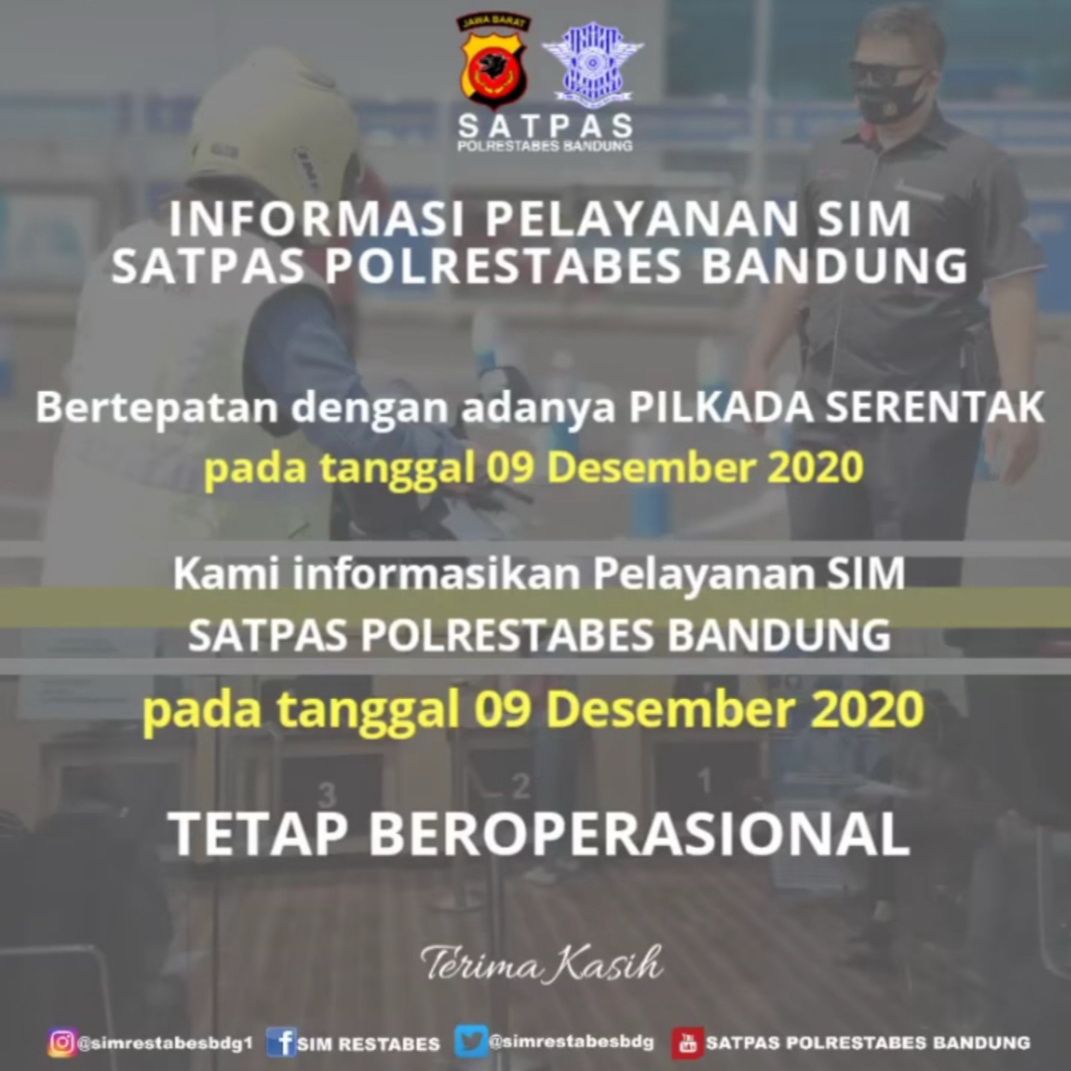 Informasi dari Satpas Polrestabes Bandung, bahwa jadwal layanan SIM Keliling untuk Rabu, 9 Desember 2020 tetap beroperasi./instagram/simrestabesbdg1