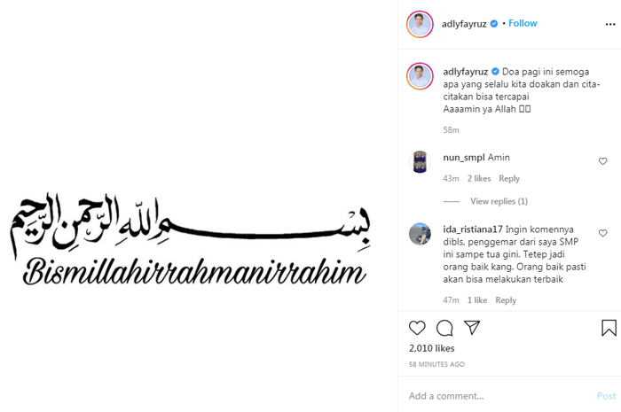 Unggahan Adly Fairuz di Instagram pribadinya.*