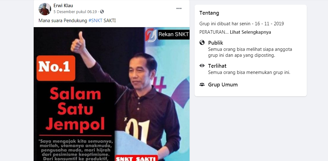 Tangkapan layar postingan yang mengklaim Jokowi mendukung salah satu paslon di Pilkada Malaka 2020