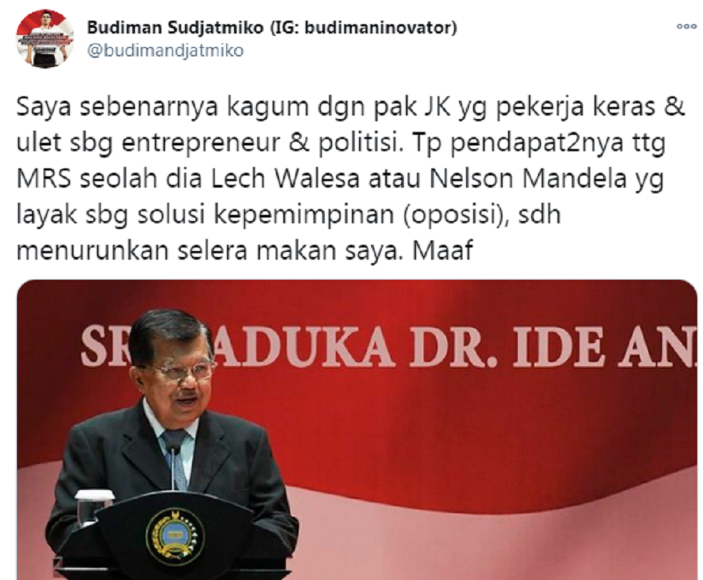 Tanggapi pernyataan JK, Budiman Sudjamitko