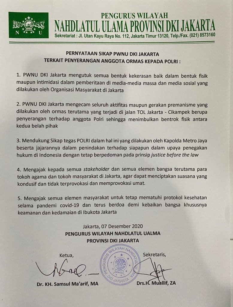 Pernyataan sikap resmi PW NU DKI Jakarta terkait insiden penyerangan anggota ormas kepada POLRI