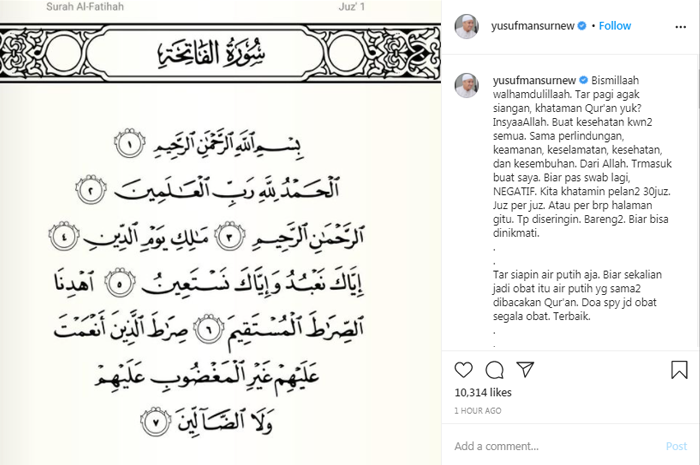 Unggahan Ustaz Yusuf mansur di Instagramnya.*